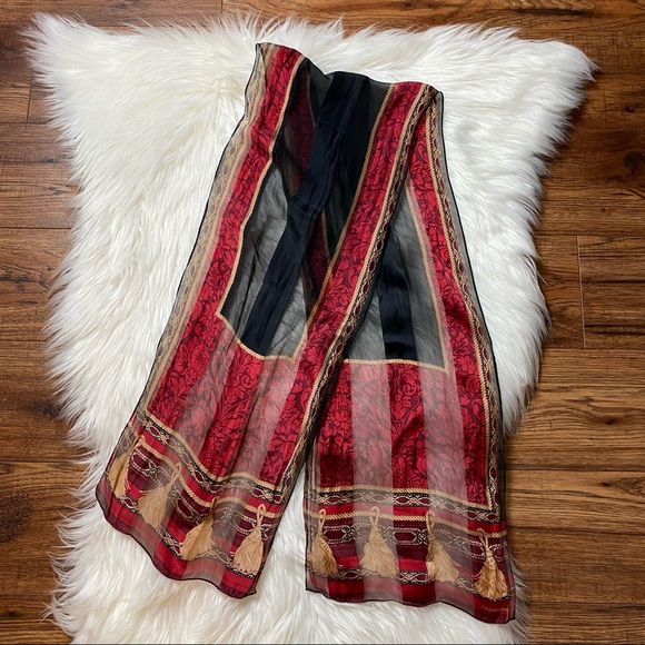 Liz Claiborne Black/Red Tassel Lightweight Scarf NWOT - Picture 1 of 4